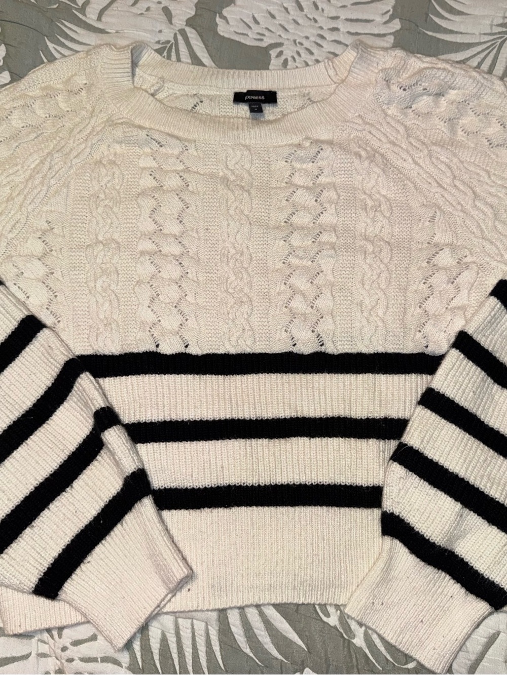 Express Women’s Cream Cable Knit Sweater with Black Stripes size M